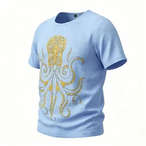 Vista dettagliata della stampa grafica con polpo dorato su t-shirt azzurra effetto lino