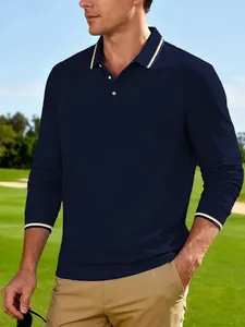 Polo da golf a maniche lunghe blu navy da uomo con colletto e polsini a righe di qualità