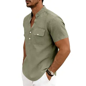 Detailed side view of a men's olive green linen short sleeve Henley shirt with chest pocket