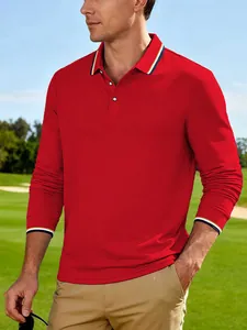 Polo da golf classica rossa a maniche lunghe da uomo con colletto a righe