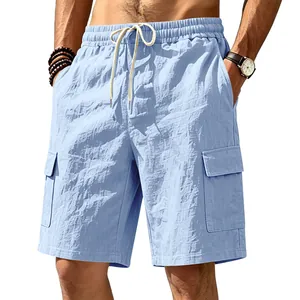 Pantalones cortos cargo de algodón y lino azul claro para hombre con cordón