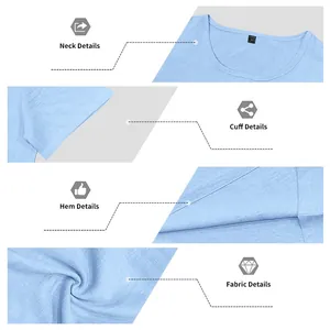 Dettagli della t-shirt da uomo blu in finto lino con scollo, polsini, orlo e tessuto