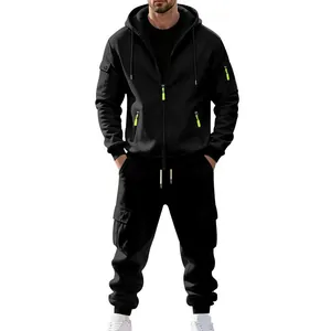 Herren Winter Trainingsanzug Set mit Fleece-Futter und neongrünen Reißverschlüssen