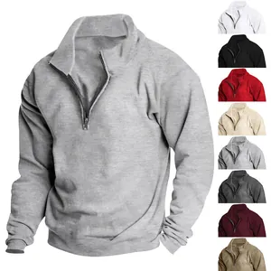 Detailed view of men's half-zip fleece sweatshirt in grey with multiple color options