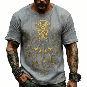 T-shirt casual da uomo in finto lino grigio con stampa piovra dorata e trama slub