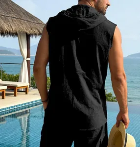 Men's black casual linen hooded sleeveless vest shirt for summer beach vacation
