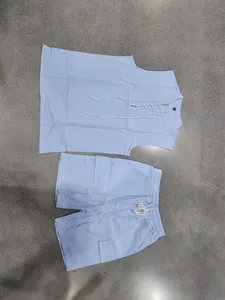 Men's light blue linen sleeveless lace-up shirt and multi-pocket shorts two-piece set