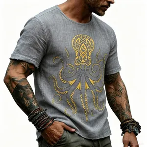T-shirt da uomo effetto lino con stampa a polpo dorata e tessuto fiammato casual.