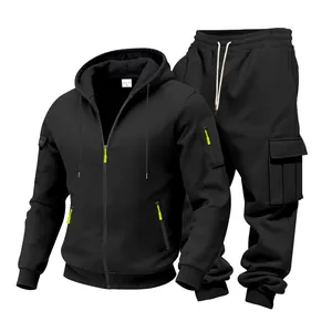 Schwarzes Herren-Fleece-Hoodie- und Cargo-Jogginghose-Set mit neongrünen Akzenten