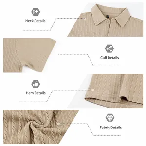 Collage de détails d'un polo jacquard pour hommes montrant le col, le poignet, l'ourlet et le tissu.