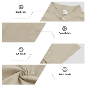 Detailansicht der Stofftextur, des Kragens, der Tasche und Manschette eines Leinen-Henley-Hemds.