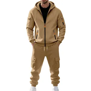 Herren Sportanzug in Tan mit Fleece-Futter, Kapuzenpullover und Cargo-Hose im Set