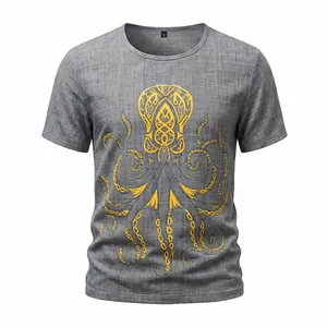 Dettaglio della t-shirt da uomo grigia effetto lino con stampa grafica di polpo giallo