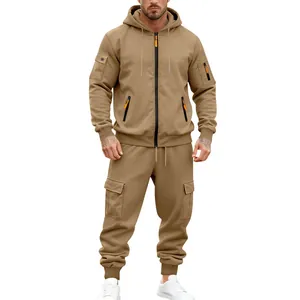 Herren khakifarbenes, mit Fleece gefüttertes Kapuzen-Trainingsanzug-Set für den Winter