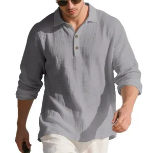 Men's casual grey linen long sleeve polo shirt with buttons for beach holiday and casual wear