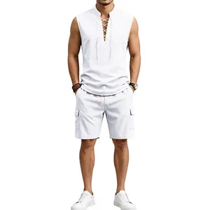 Men's summer white linen set featuring a sleeveless lace-up shirt and cargo shorts