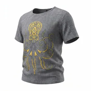 Dettaglio della stampa polpo dorato e trama slub su questa t-shirt grigia da uomo.