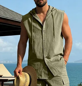 Close-up of olive green sleeveless hooded linen shirt with natural texture for men
