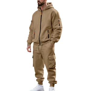 Herren Winter Khaki Fleece Trainingsanzug Set mit Kapuze und Cargo-Taschen Details