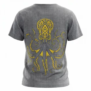 Vista dettagliata della stampa polpo giallo sul retro di una t-shirt grigia fiammata