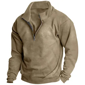 Detail view of khaki men's fleece sweatshirt with half-zip stand collar