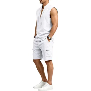 Men's breathable white linen sleeveless lace-up shirt and cargo shorts summer set detail view
