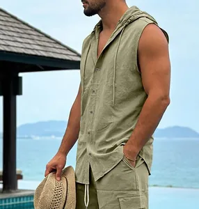Men's casual olive green sleeveless linen hooded shirt shown in outdoor resort setting
