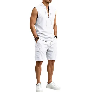 Full body view of men's white linen sleeveless lace-up shirt and cargo shorts set