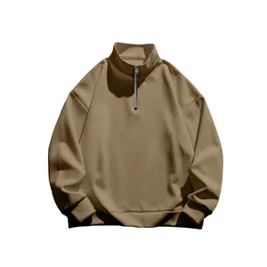 Macro view of men's fleece-lined khaki sweatshirt showing the zipper and stand collar