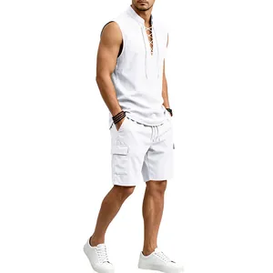 Men's summer white linen sleeveless lace-up shirt and cargo shorts two-piece set