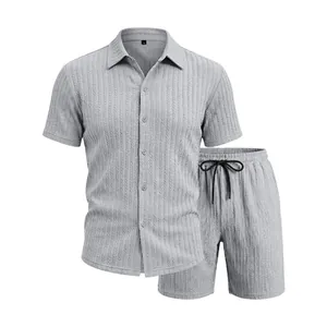 Ensemble deux pièces chemise à manches courtes et short pour homme en jacquard gris