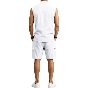 Men's summer white linen sleeveless shirt and matching cargo shorts shown from the back view.