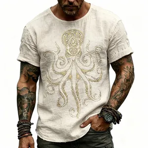 T-shirt da uomo casual effetto lino con stampa piovra dorata