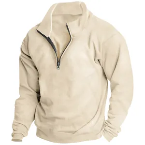 Men's cream fleece sweatshirt featuring a stand collar and half-zip design for casual style.