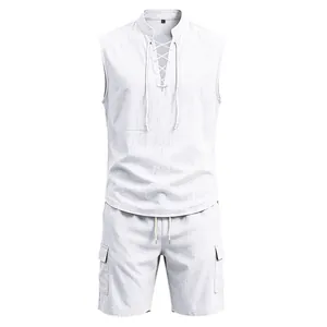 Detailed view of men's white linen sleeveless shirt and cargo shorts set for summer