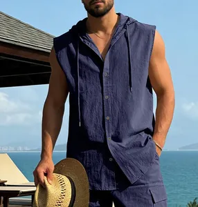 Casual men's navy blue linen hooded sleeveless shirt for summer vacation beachwear
