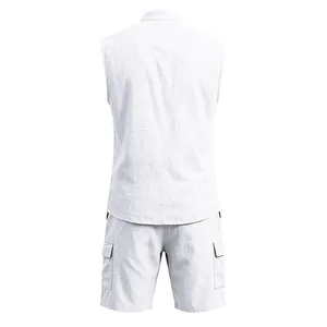 Detailed back view of men's white breathable linen sleeveless shirt and cargo shorts set