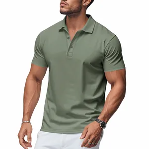Detail of a men's sage green quick-dry polo shirt with a slim fit and classic collar