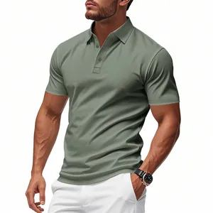 Close-up detail of a muscular man wearing a sage green breathable quick-dry polo shirt