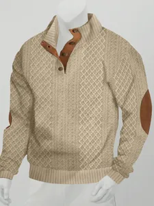 Men Vintage Cable Knit Sweatshirt Stand Collar Button Long Sleeve Top With Elbow Patches Casual Warm Autumn Winter Sweatshirt