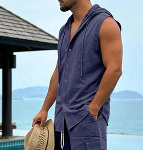 Close-up of men's navy linen hooded sleeveless vest shirt with button detail
