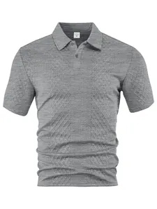 Detail view of a gray men's jacquard polo shirt featuring intricate fabric texture.