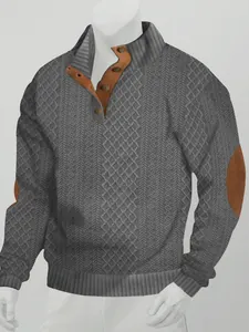 Grey cable knit quarter-button sweater for men with decorative brown elbow patches