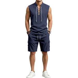 Men's navy sleeveless linen lace-up shirt and cargo shorts set displayed on model.