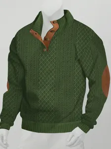 Men's green cable knit sweater with button collar and brown elbow patches
