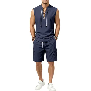 Men's navy linen lace-up sleeveless shirt and cargo shorts set for summer fashion