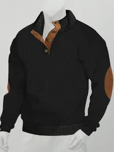 Men's stylish black cable knit sweater featuring button neck placket and brown elbow patches