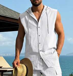 Men's casual white linen sleeveless hooded shirt worn by a model in a sunny resort