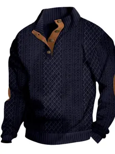 Navy blue men's cable knit sweater with stylish brown faux leather button placket trim