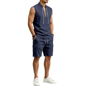 Men's navy blue linen summer set featuring a sleeveless lace-up shirt and cargo shorts